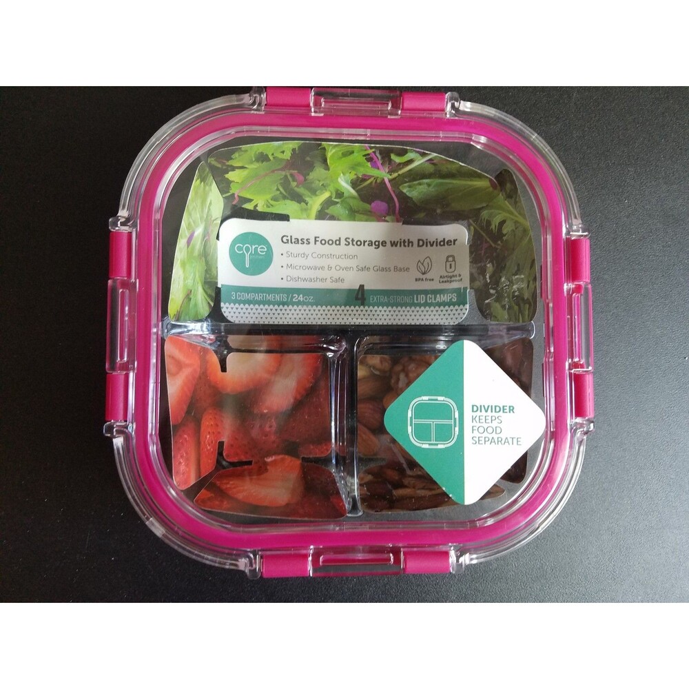 Core Kitchen Food Storage , Clear Glass, 24 Oz -Bento - 3 Compartment